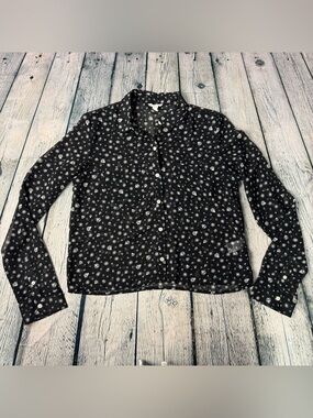 Aeropostale Black Sheer Button Down LS Blouse w/ White Gem Diamond Print Size M